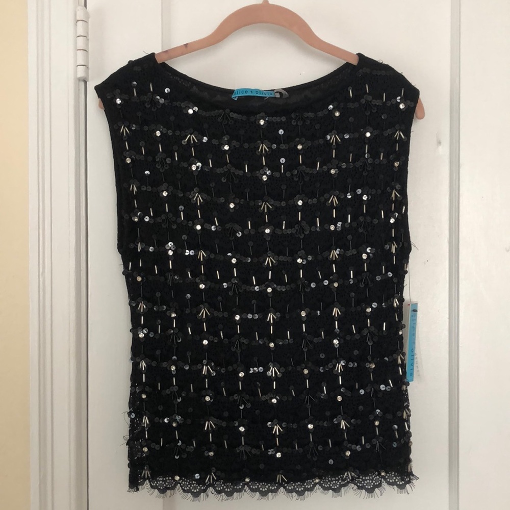 Alice + Olivia black beaded cap sleeve blouse XS